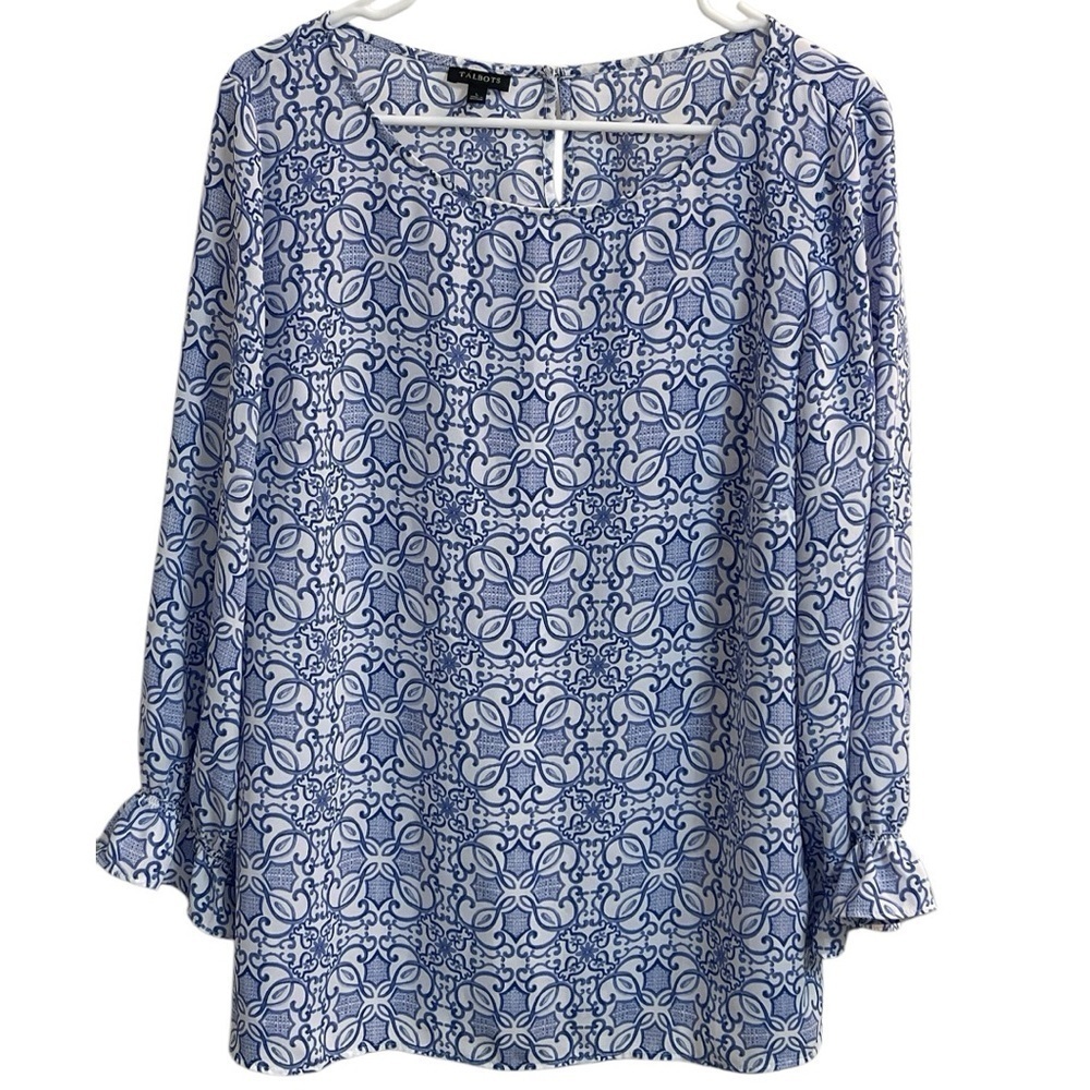 Talbots Blue and White Patterned Blouse - Size Women’s Large